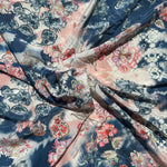 100% Silk Japanese Lightweight Denim Blue, Pink Floral Silk Fabric by the Yard - Luxury Material for Sewing, Dressmaking, and Crafts - View 3