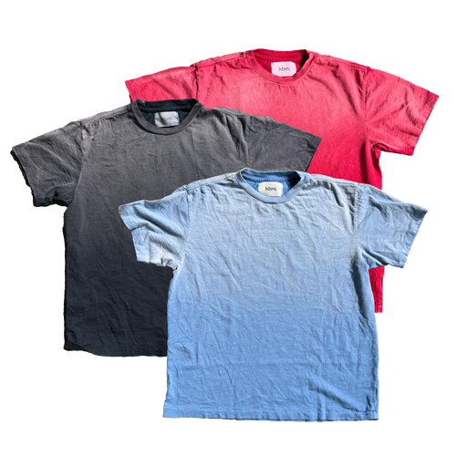 Sprayed and Washed 20' Single Slub KBM T-Shirt in Baby Blue, Washed Cherry, and Washed Black
