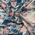100% Silk Japanese Lightweight Denim Blue, Pink Floral Silk Fabric by the Yard - Luxury Material for Sewing, Dressmaking, and Crafts - View 2