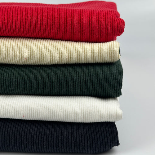 Heavy cotton 2x1 rib knit fabric by the yard, stack of colors: red, cream, hunter green, white and black
