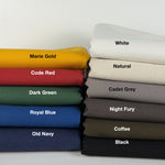 KBM cotton duck canvas color chart with each color name centered on its fabric: Marie Gold, Code Red, Dark Green, Royal Blue, Old Navy, White, Natural, Cadet Grey, Night Fury, Coffee and Black