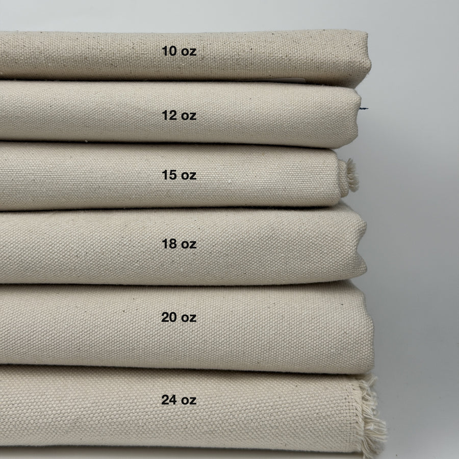 Six weights of natural undyed cotton duck canvas with each weight centered on its fabric, from 10 oz to 24 oz