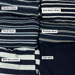The six indigo jersey patterns, labeled: Random Stripe, Tencel Stripe, Wide Block Stripe, Slub Breton Stripe, Pinstripe Band, Slub Solid