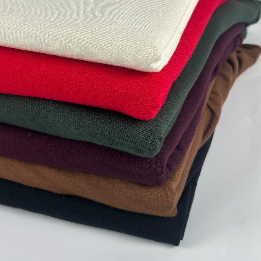 Modal French terry fabric in six colors: natural, red, military green, burgundy, brown and black