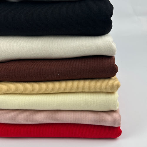Medium weight cotton 1x1 rib knit fabric by the yard, stack of colors