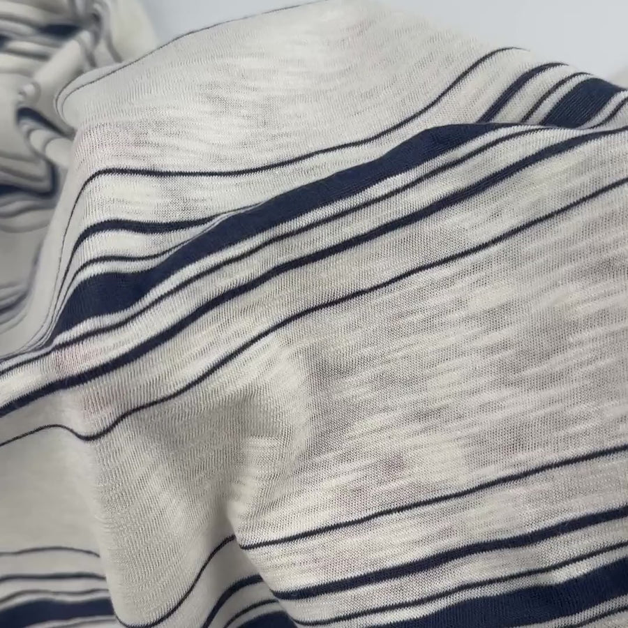 Navy stripe cotton slub jersey in motion