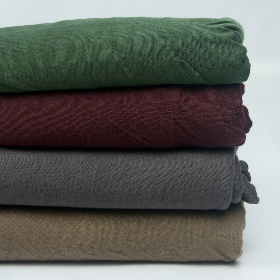 Micro modal cashmere jersey in green, burgundy, charcoal and olive