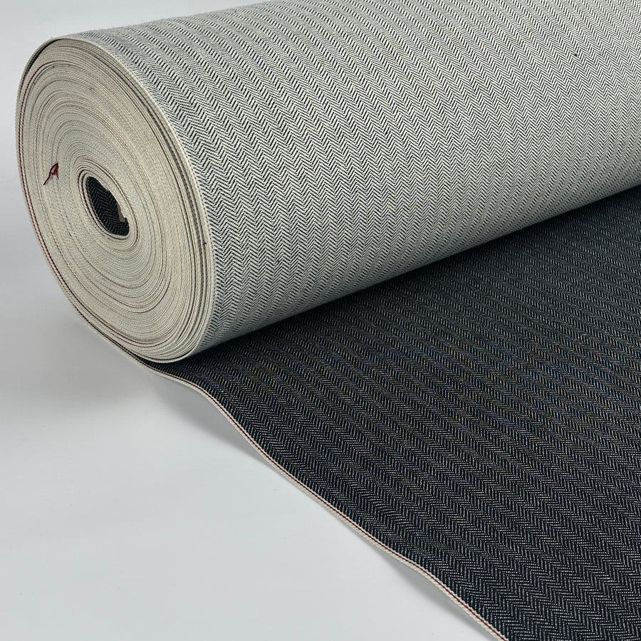 Indigo herringbone selvedge denim roll, ecru back